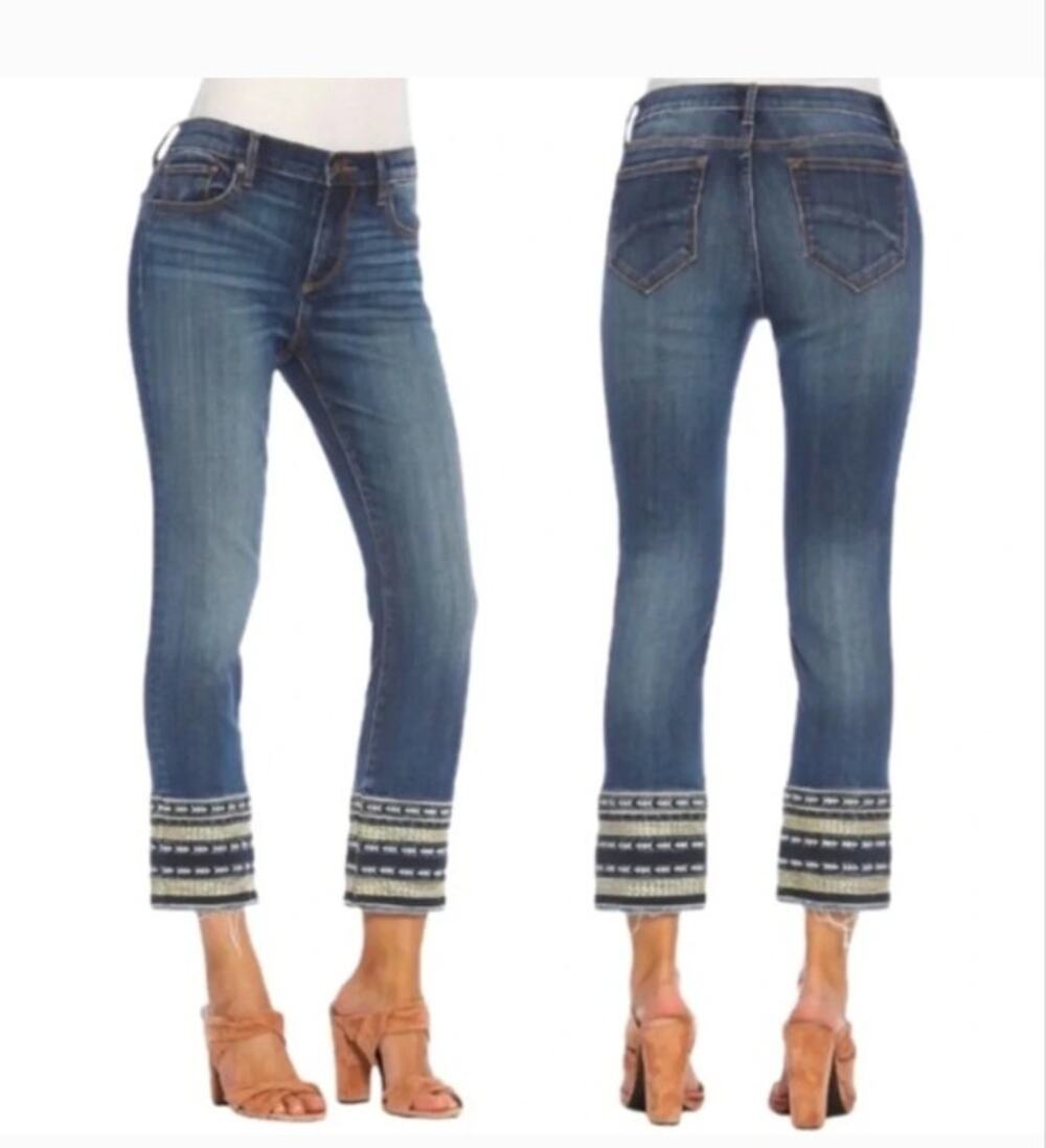 Driftwood Colette Embroidered Hem Cropped Jeans, Size 33